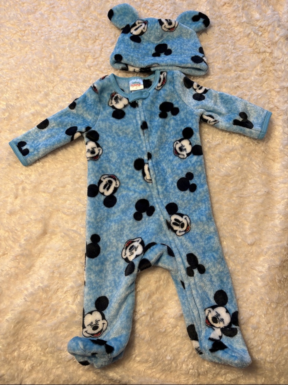 Disney baby Plush Blue Mickey Mouse Soft One-Piece with Hat - 3/6M